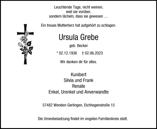 Traueranzeige von Ursula Grebe von Tageszeitung