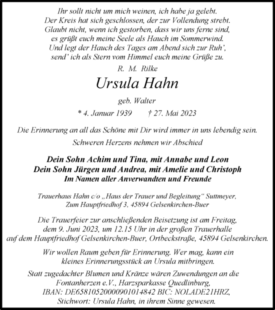 Traueranzeige von Ursula Hahn von Tageszeitung