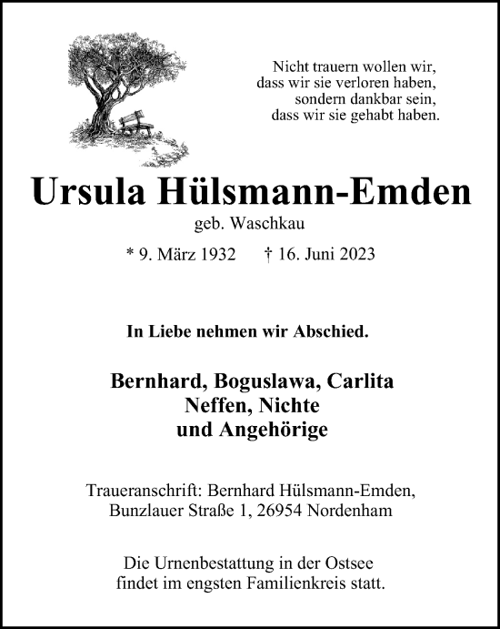 Traueranzeige von Ursula Hülsmann-Emden von Tageszeitung