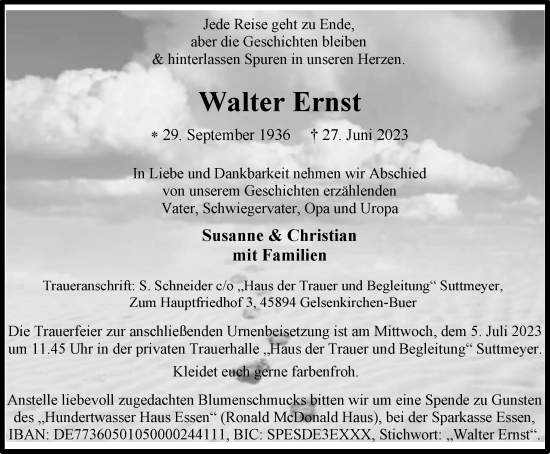 Traueranzeige von Walter Ernst von Tageszeitung