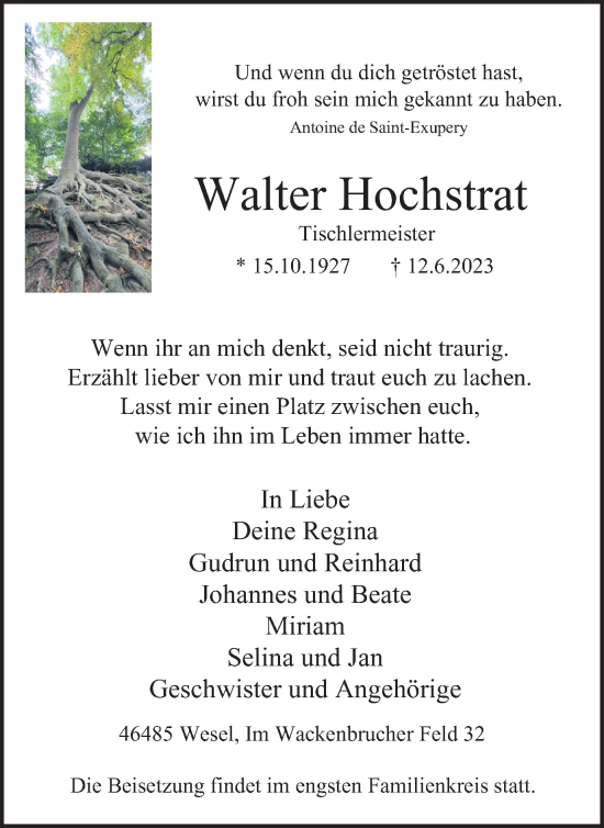 Traueranzeige von Walter Hochstrat von Tageszeitung