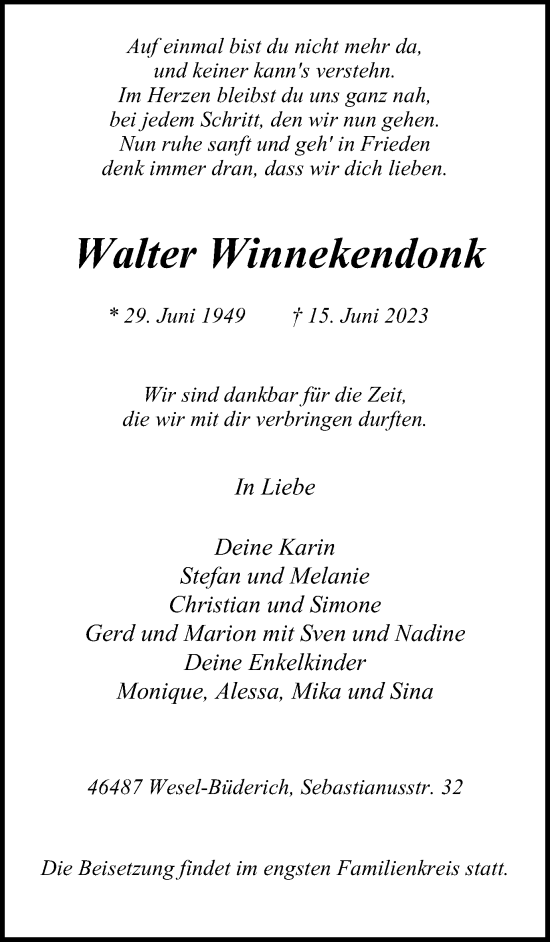 Traueranzeige von Walter Winnekendonk von Tageszeitung