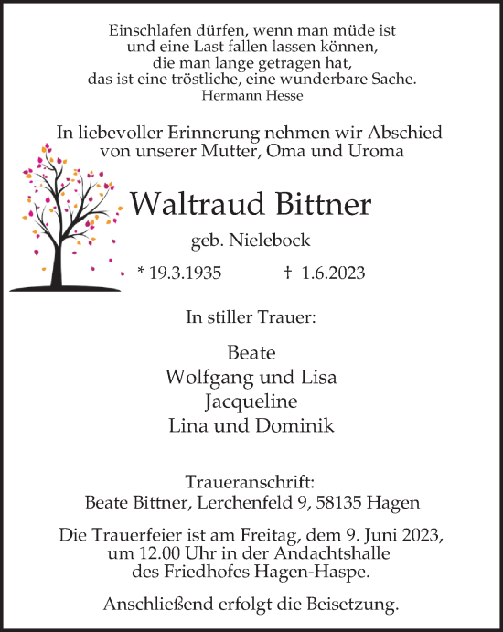 Traueranzeige von Waltraud Bittner von Tageszeitung