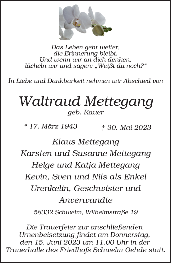 Traueranzeige von Waltraud Mettegang von Tageszeitung