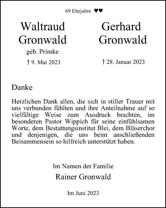 Traueranzeige von Waltraud und Gerhard Gronwald von Tageszeitung