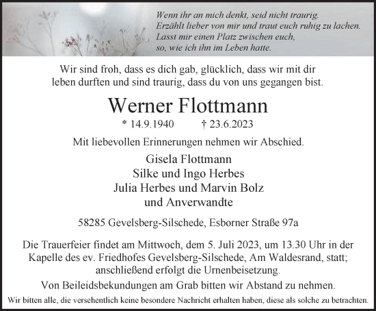 Traueranzeige von Werner Flottmann von Tageszeitung