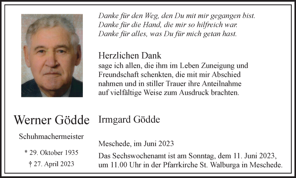  Traueranzeige für Werner Gödde vom 03.06.2023 aus Tageszeitung