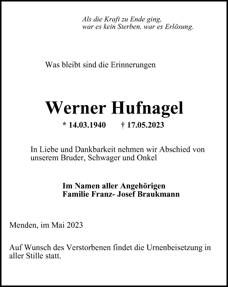  Traueranzeige für Werner Hufnagel vom 03.06.2023 aus Tageszeitung