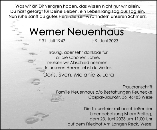 Traueranzeige von Werner Neuenhaus von Tageszeitung