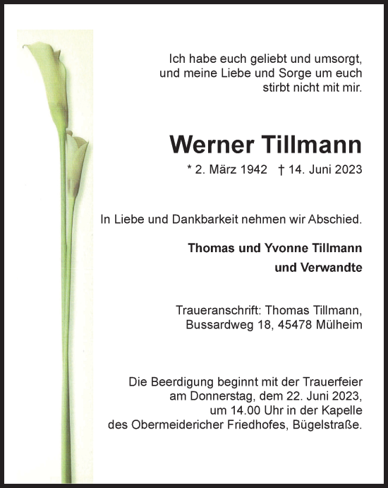 Traueranzeige von Werner Tillmann von Tageszeitung