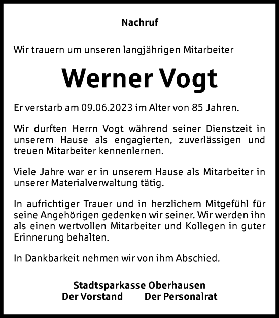 Traueranzeige von Werner Vogt von Tageszeitung