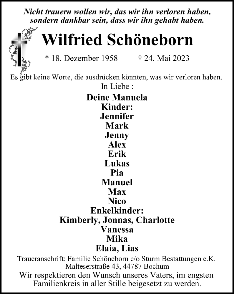  Traueranzeige für Wilfried Schöneborn vom 10.06.2023 aus Tageszeitung