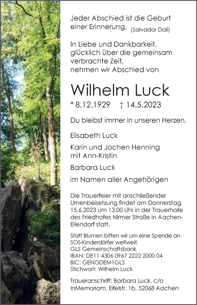  Traueranzeige für Wilhelm Luck vom 03.06.2023 aus Tageszeitung