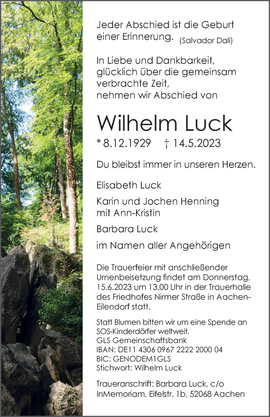 Traueranzeige von Wilhelm Luck von Tageszeitung