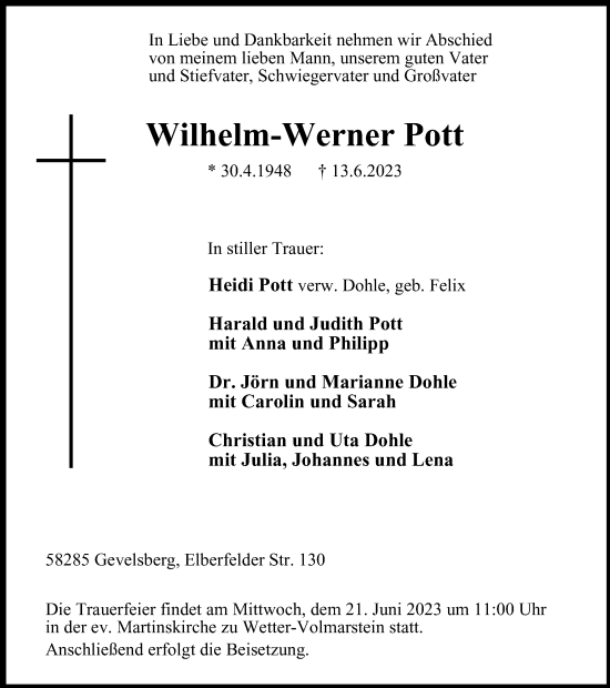 Traueranzeige von Wilhelm-Werner Pott von Tageszeitung