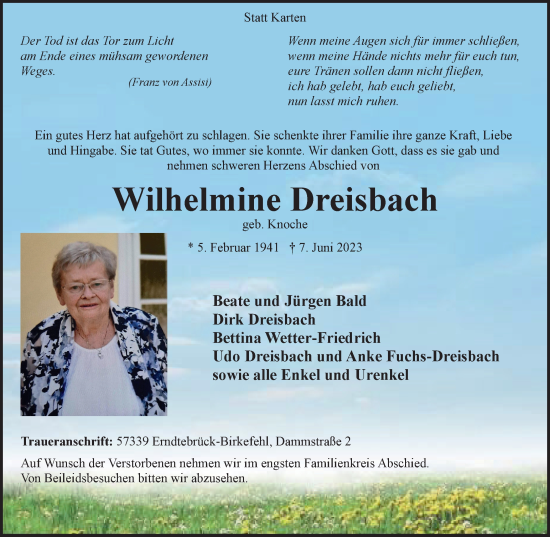 Traueranzeige von Wilhelmine Dreisbach von Tageszeitung