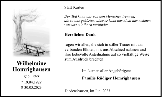 Traueranzeige von Wilhelmine  Homrighausen von Tageszeitung