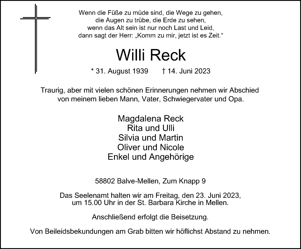  Traueranzeige für Willi Reck vom 17.06.2023 aus Tageszeitung