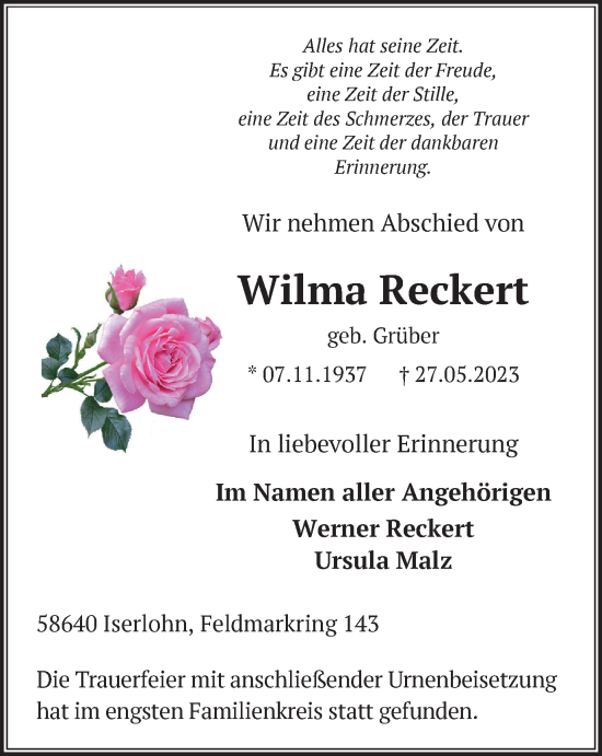 Traueranzeige von Wilma Reckert von Tageszeitung