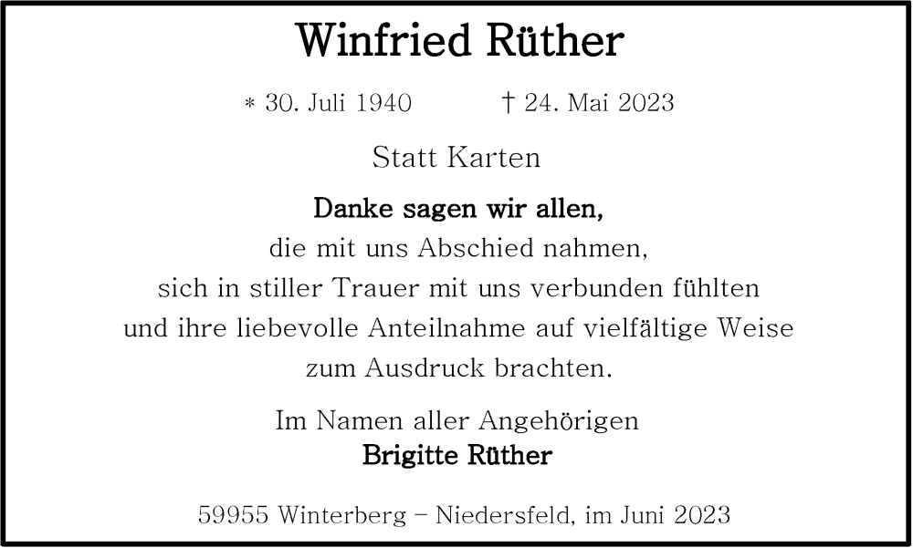  Traueranzeige für Winfried Rüther vom 17.06.2023 aus Tageszeitung