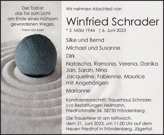 Traueranzeige von Winfried Schrader von Tageszeitung