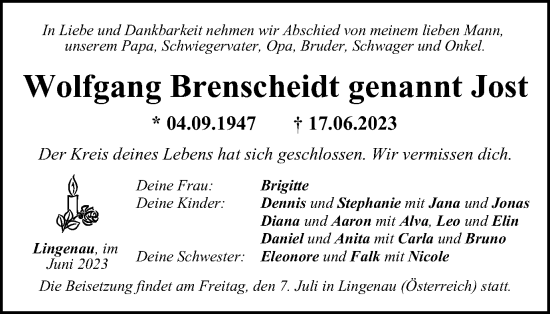 Traueranzeige von Wolfgang Brenscheidt von Tageszeitung
