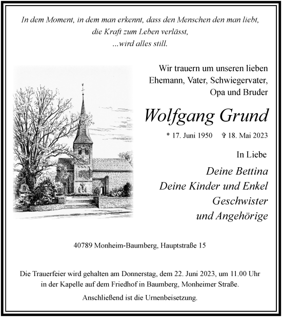 Traueranzeige von Wolfgang Grund von Tageszeitung
