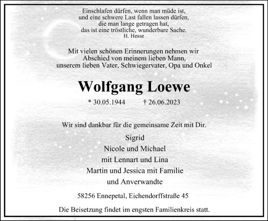 Traueranzeige von Wolfgang Loewe von Tageszeitung
