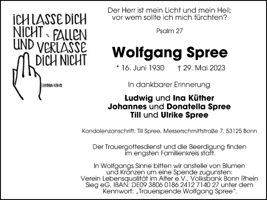 Traueranzeige von Wolfgang Spree von Tageszeitung