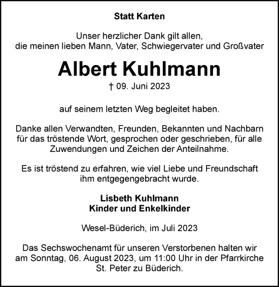 Traueranzeige von Albert Kuhlmann von Tageszeitung
