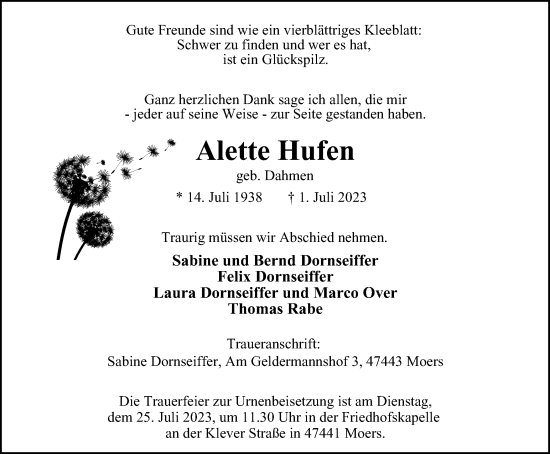 Traueranzeige von Alette Hufen von Tageszeitung