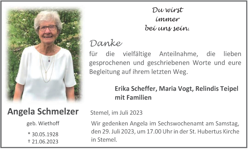  Traueranzeige für Angela Schmelzer vom 22.07.2023 aus Tageszeitung