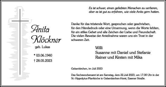 Traueranzeige von Anita Klöckner von Tageszeitung