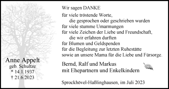 Traueranzeige von Anne Appelt von Tageszeitung