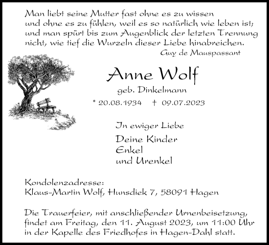 Traueranzeige von Anne Wolf von Tageszeitung
