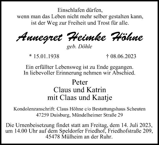 Traueranzeige von Annegret Heimke Höhne von Tageszeitung