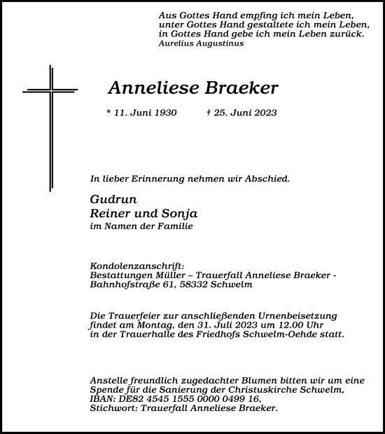 Traueranzeige von Anneliese Braeker von Tageszeitung