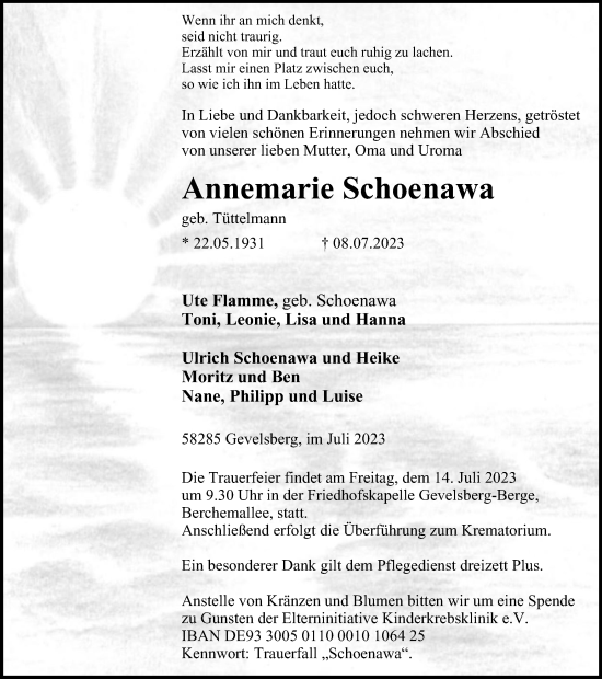 Traueranzeige von Annemarie Schoenawa von Tageszeitung