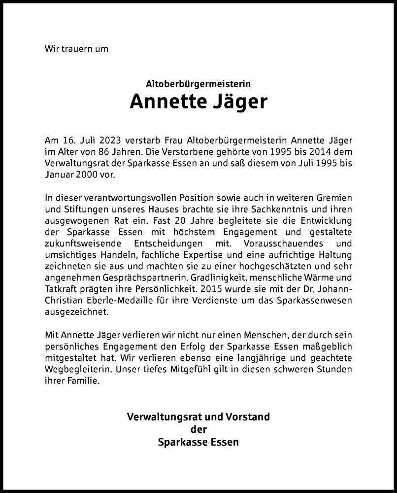  Traueranzeige für Annette Jäger vom 29.07.2023 aus Tageszeitung
