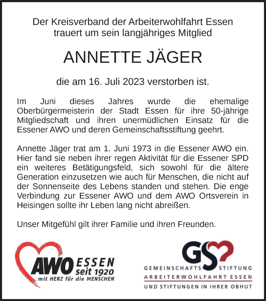  Traueranzeige für Annette Jäger vom 29.07.2023 aus Tageszeitung