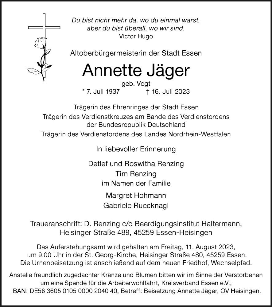  Traueranzeige für Annette Jäger vom 29.07.2023 aus Tageszeitung