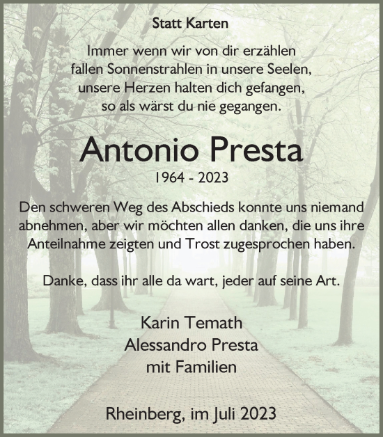 Traueranzeige von Antonio Presta von Tageszeitung