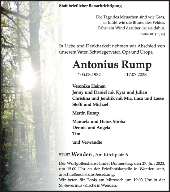 Traueranzeige von Antonius Rump von Tageszeitung