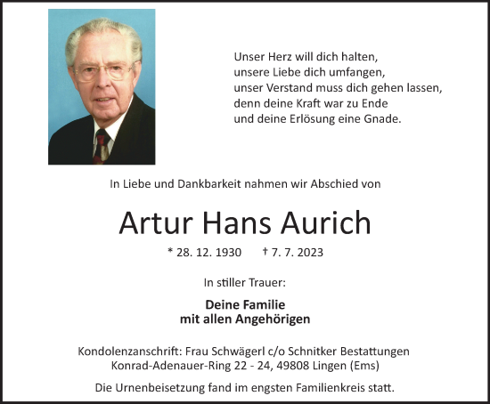 Traueranzeige von Artur Hans Aurich von Tageszeitung
