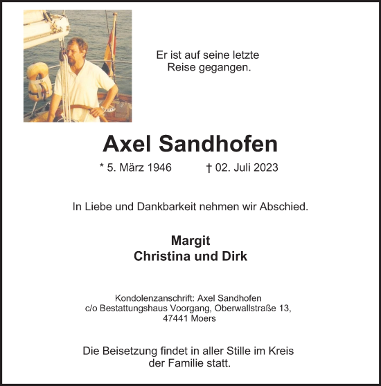 Traueranzeige von Axel Sandhofen von Tageszeitung