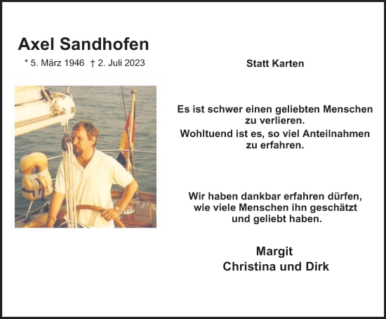 Traueranzeige von Axel Sandhofen von Tageszeitung