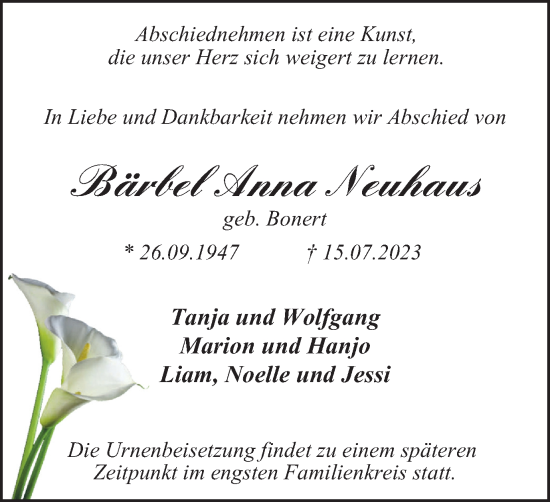 Traueranzeige von Bärbel Anna Neuhaus von Tageszeitung