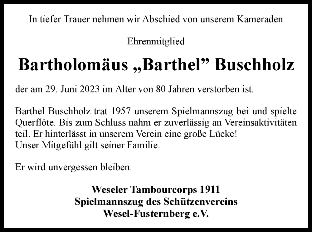  Traueranzeige für Bartholomäus Buschholz vom 04.07.2023 aus Tageszeitung