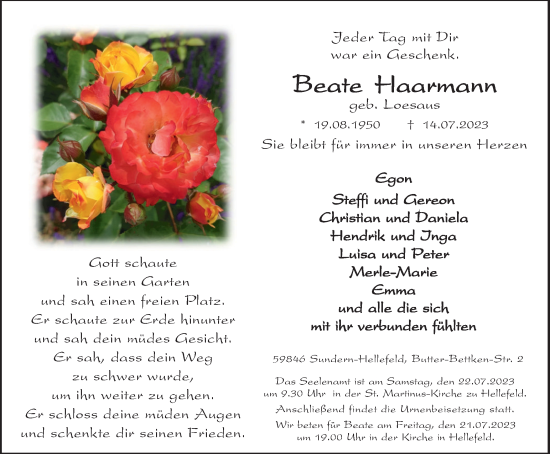 Traueranzeige von Beate Haarmann von Tageszeitung
