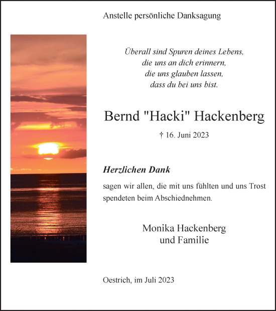 Traueranzeige von Bernd  Hackenberg von Tageszeitung